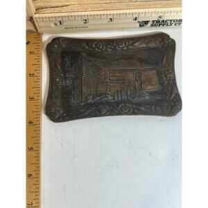 Vintage Florida Souvenir Metal Tray Embossed Cabin Scene Collectible Decor